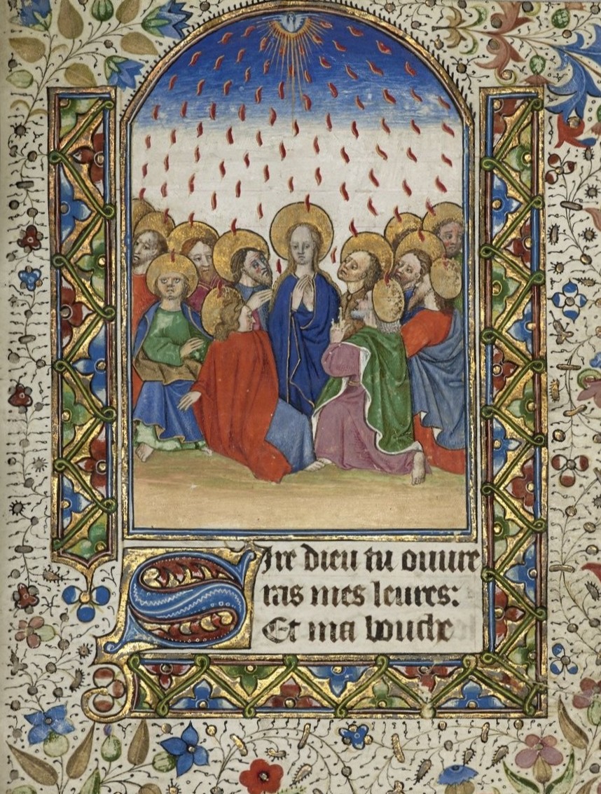 An illuminated manuscripts depicting the Pentecost, from a French 15th century Book of Hours, illuminated by the Foljambe Master.