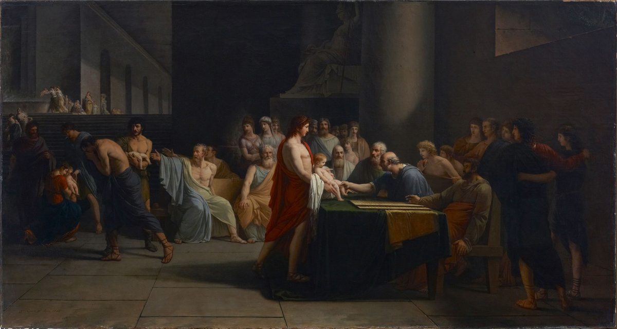 Impressive painting by Swiss artist Jean-Pierre Saint-Ours depicting the Selectino of Children in Sparta, a high quality neoclassical style painting executed by the artist in Rome.