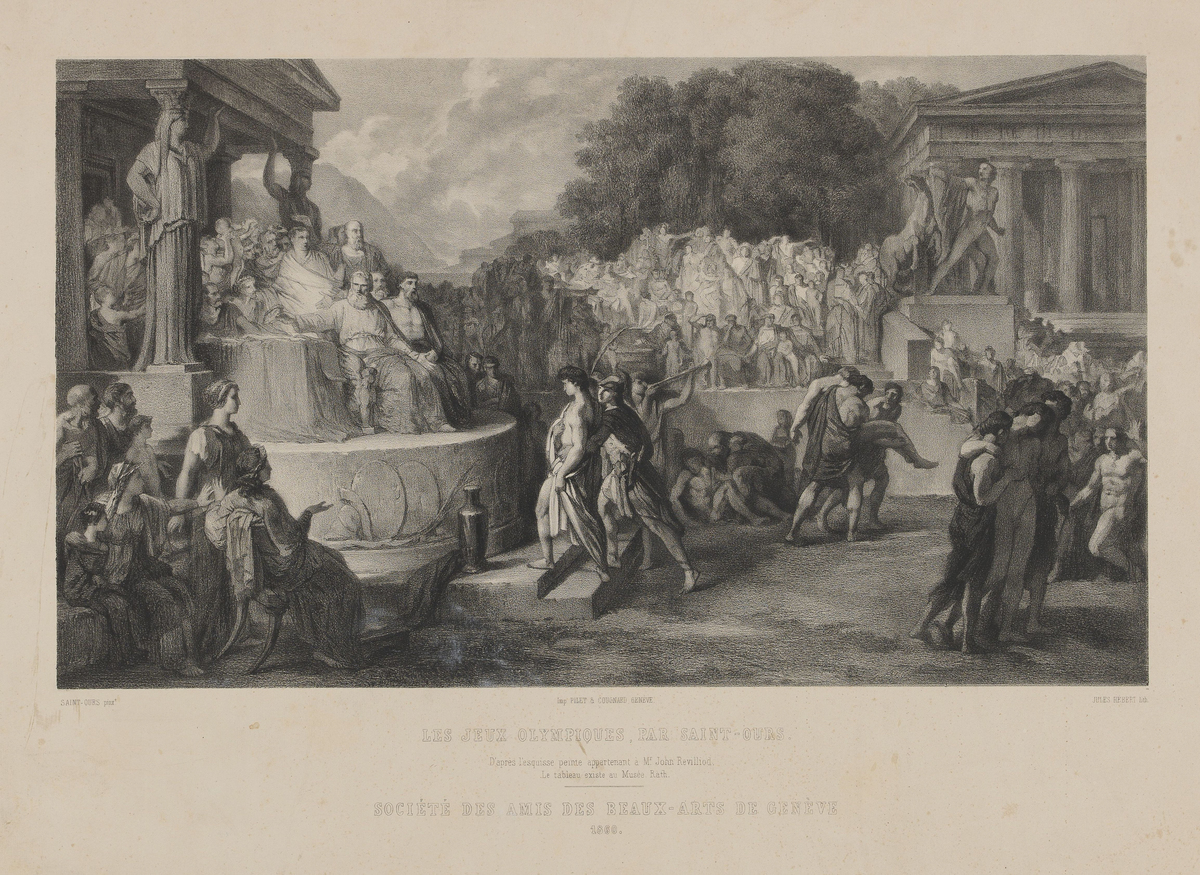 Lithograph executed by Jules H&eacute;bert, of the preparatory sketch executed by Jean-Pierre Saint-Ours depicting the second version of the Olympicn Games, the Coronation of the Winner. La Gabrielle Fine Arts. 